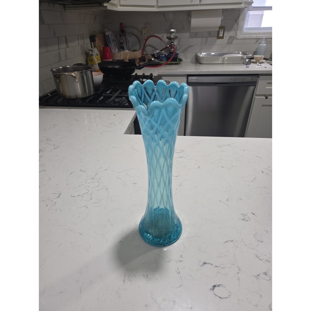 Fenton Blue Glass Opalescent Swung Vase 11 inches Tall